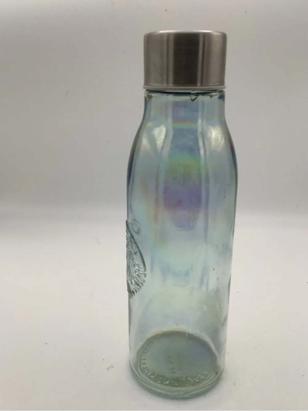 Starbucks Iridescent Glass Water Bottle with Embossed Siren Logo & Stainless Cap